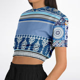 Blue Agadir Moroccan Tile Short Sleeve Cropped Eco-Poly Sweater Cropped Short Sleeve Sweater - Thathoodyshop
