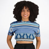 Blue Agadir Moroccan Tile Short Sleeve Cropped Eco-Poly Sweater Cropped Short Sleeve Sweater - Thathoodyshop