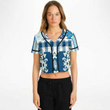 Blue Agadir Floral Stripe Cropped Button Front Jersey Cropped Baseball Jersey - Thathoodyshop