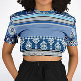 Blue Agadir Moroccan Tile Short Sleeve Cropped Eco-Poly Sweater Cropped Short Sleeve Sweater - Thathoodyshop