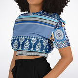 Blue Agadir Moroccan Tile Short Sleeve Cropped Eco-Poly Sweater Cropped Short Sleeve Sweater - Thathoodyshop