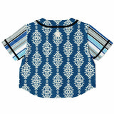 Blue Agadir Floral Stripe Cropped Button Front Jersey Cropped Baseball Jersey - Thathoodyshop