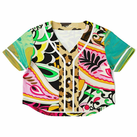 Pink Cerise Leopard Paisley Cropped Button Front Jersey Cropped Baseball Jersey - Thathoodyshop