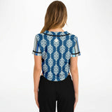 Blue Agadir Floral Stripe Cropped Button Front Jersey Cropped Baseball Jersey - Thathoodyshop