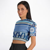 Blue Agadir Moroccan Tile Short Sleeve Cropped Eco-Poly Sweater Cropped Short Sleeve Sweater - Thathoodyshop