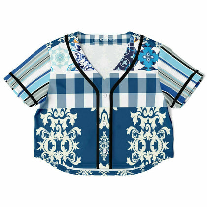 Blue Agadir Floral Stripe Cropped Button Front Jersey Cropped Baseball Jersey - Thathoodyshop