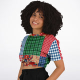 Busan Fleur Plaid Patchwork Cropped Sweater Cropped Short Sleeve Sweater - Thathoodyshop