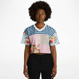 Pink Sherbert Floral Patchwork Plaid Crop Jersey Cropped Football Jersey - Thathoodyshop
