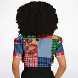 Busan Fleur Floral Plaid Patchwork Cropped Sweater Cropped Short Sleeve Sweater - Thathoodyshop
