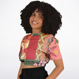Yogananda Pink Floral Patchwork Short Sleeve Cropped Eco-Poly Sweater Cropped Short Sleeve Sweater - Thathoodyshop
