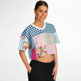 Pink Sherbert Floral Patchwork Plaid Crop Jersey Cropped Football Jersey - Thathoodyshop