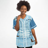 Blue Geo Patchwork Plaid Baseball Jersey Baseball Jersey - AOP - Thathoodyshop