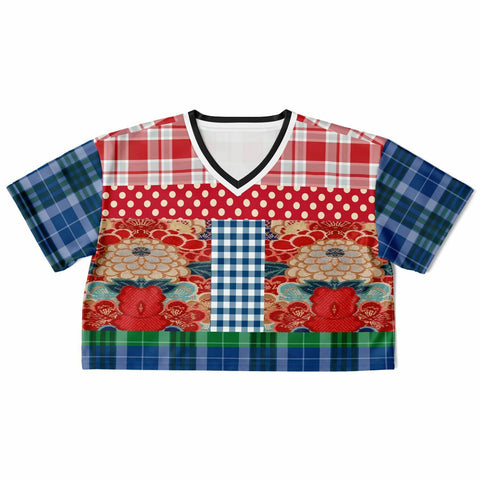 Busan Fleur Floral Plaid Patchwork Crop Jersey Cropped Football Jersey - Thathoodyshop