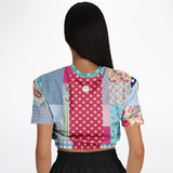 Pink Sherbert Floral Patchwork Plaid Cropped Sweater Cropped Short Sleeve Sweater - Thathoodyshop
