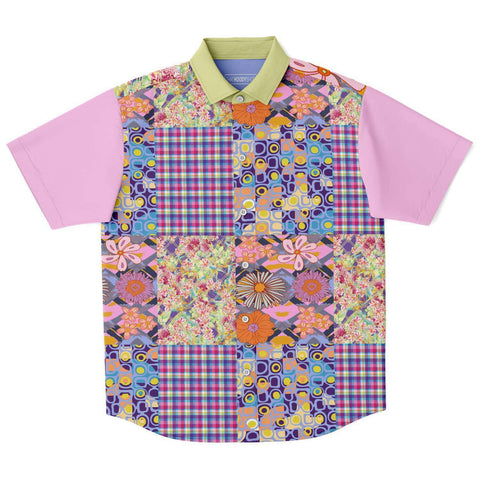 Mercury Retrograde Patchwork Plaid Button Down Shirt Short Sleeve Button Down Shirt - AOP - Thathoodyshop