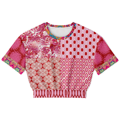 Gypsy Beat Pink Patchwork Short Sleeve Cropped Sweater Athletic Cropped Short Sleeve Sweatshirt - AOP - Thathoodyshop