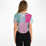 Pink Sherbert Floral Patchwork Plaid Cropped Button Front Jersey Cropped Baseball Jersey - Thathoodyshop