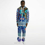 Blue Andalusian Floral Plaid Patchwork Fleece Unisex Romper Fleece Jumpsuit - Thathoodyshop