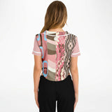 Pink Geo Patchwork Cropped Button Front Jersey Cropped Baseball Jersey - Thathoodyshop