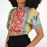 Tallulah Bankhead Yellow Patchwork Short Sleeve Cropped Eco-Poly Sweater Cropped Short Sleeve Sweatshirt - Thathoodyshop