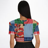 Busan Fleur Floral Plaid Patchwork Cropped Sweater Cropped Short Sleeve Sweater - Thathoodyshop
