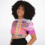 Bahama Mama Purple Floral Plaid Short Sleeve Cropped Sweater Cropped Short Sleeve Sweatshirt - Thathoodyshop