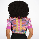 Bahama Mama Purple Floral Plaid Short Sleeve Cropped Sweater Cropped Short Sleeve Sweatshirt - Thathoodyshop