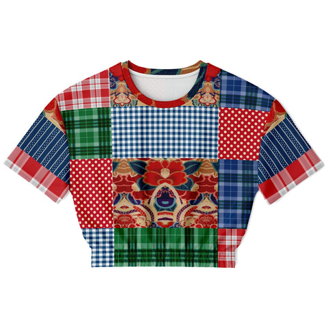 Busan Fleur Floral Plaid Patchwork Cropped Sweater Cropped Short Sleeve Sweater - Thathoodyshop
