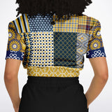 Royal Flush Blue Plaid Floral Short Sleeve Cropped Sweater Cropped Short Sleeve Sweater - Thathoodyshop