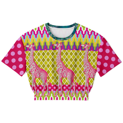 Hello Janis! Pink Geo Giraffe Print Short Sleeve Cropped Sweater Cropped Short Sleeve Sweatshirt - Thathoodyshop