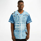 Blue Geo Patchwork Plaid Baseball Jersey Baseball Jersey - AOP - Thathoodyshop