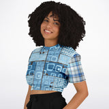 Blue Geo Plaid SW Crop Sweater Cropped Short Sleeve Sweater - Thathoodyshop