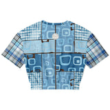 Blue Geo Plaid SW Crop Sweater Cropped Short Sleeve Sweater - Thathoodyshop