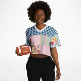 Pink Sherbert Floral Patchwork Plaid Crop Jersey Cropped Football Jersey - Thathoodyshop