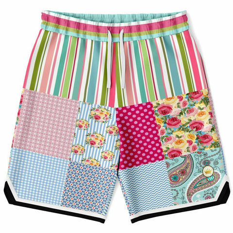 Pink Sherbert Floral Patchwork Plaid Basketball Shorts Basketball Shorts - Thathoodyshop