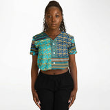 Many Blessings Patchwork Print Cropped Button Front Jersey Cropped Baseball Jersey - Thathoodyshop