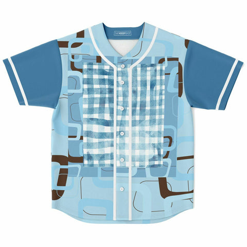 Blue Geo Patchwork Plaid Baseball Jersey Baseball Jersey - AOP - Thathoodyshop