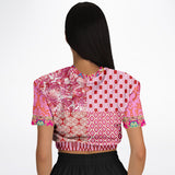 Gypsy Beat Pink Patchwork Short Sleeve Cropped Sweater Athletic Cropped Short Sleeve Sweatshirt - AOP - Thathoodyshop