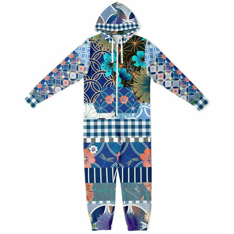 Blue Andalusian Floral Plaid Patchwork Fleece Unisex Romper Fleece Jumpsuit - Thathoodyshop