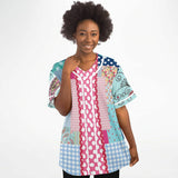 Pink Sherbert Floral Patchwork Plaid Button Front Jersey Baseball Jersey - Thathoodyshop