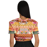 Yogananda Striped Floral Patchwork Short Sleeve Cropped Eco-Poly Sweater Cropped Short Sleeve Sweatshirt - Thathoodyshop