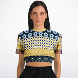 Royal Flush Blue Patchwork Short Sleeve Cropped Sweater Cropped Short Sleeve Sweater - Thathoodyshop