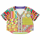 Hello Janis! Yellow Patchwork Cropped Button Front Jersey Cropped Baseball Jersey - Thathoodyshop