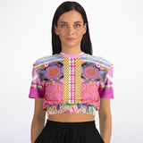 Bahama Mama Purple Floral Plaid Short Sleeve Cropped Sweater Cropped Short Sleeve Sweatshirt - Thathoodyshop