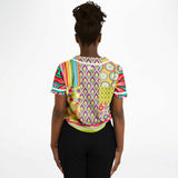 Hello Janis! Yellow Patchwork Cropped Button Front Jersey Cropped Baseball Jersey - Thathoodyshop