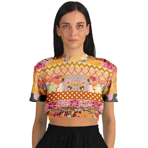 Yogananda Striped Floral Patchwork Short Sleeve Cropped Eco-Poly Sweater Cropped Short Sleeve Sweatshirt - Thathoodyshop