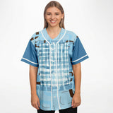 Blue Geo Patchwork Plaid Baseball Jersey Baseball Jersey - AOP - Thathoodyshop