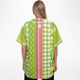 Green Anjou Pear Striped Patchwork Button Front Jersey Short Sleeve Button Down Shirt - Thathoodyshop