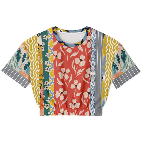 Tallulah Bankhead Yellow Patchwork Short Sleeve Cropped Eco-Poly Sweater Cropped Short Sleeve Sweatshirt - Thathoodyshop