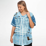 Blue Geo Patchwork Plaid Baseball Jersey Baseball Jersey - AOP - Thathoodyshop